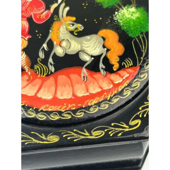 Artist Signed Russian Black Lacquer Trinket Box Hexagon Boy Donkey Pony READ - Picture 5 of 15